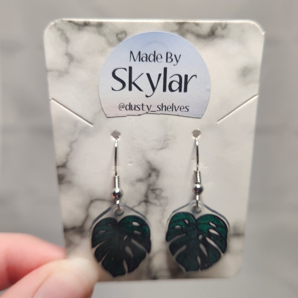 Handmade Shrinking Plastic Monstera Leaf Dangle Earrings